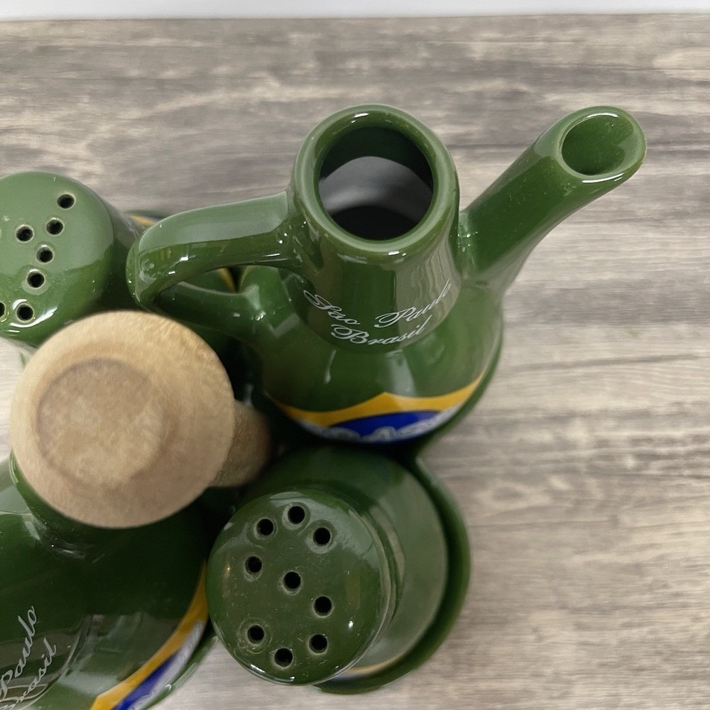 Sao Paulo Brasil Cruet Set Ceramic Green Brazil Flag 5 Piece Caddy - Picture 15 of 16